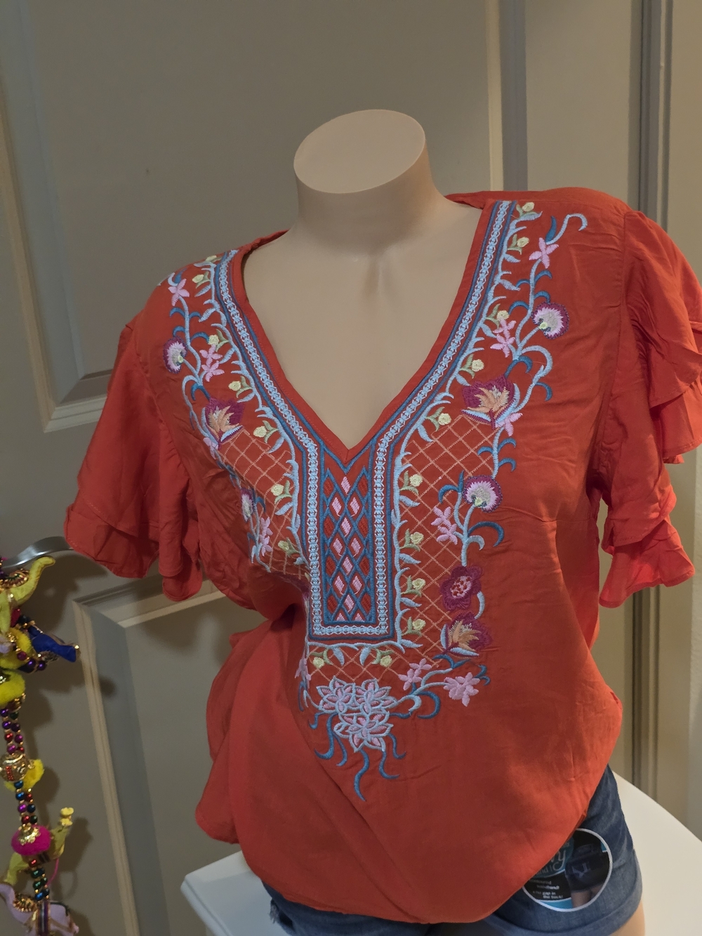 Solitaire Red Embroidered V-Neck Ruffle Sleeve Blouse